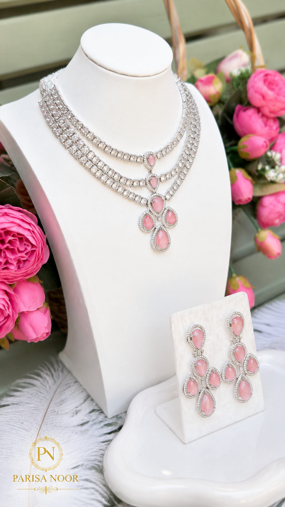 Diya Blush Pink Layered AD Necklace Set