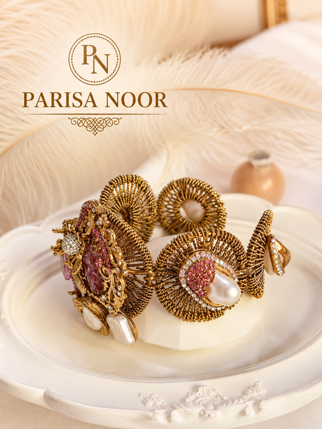 Lale Luxury Turkish Pearl & Rose Cuff Bangle
