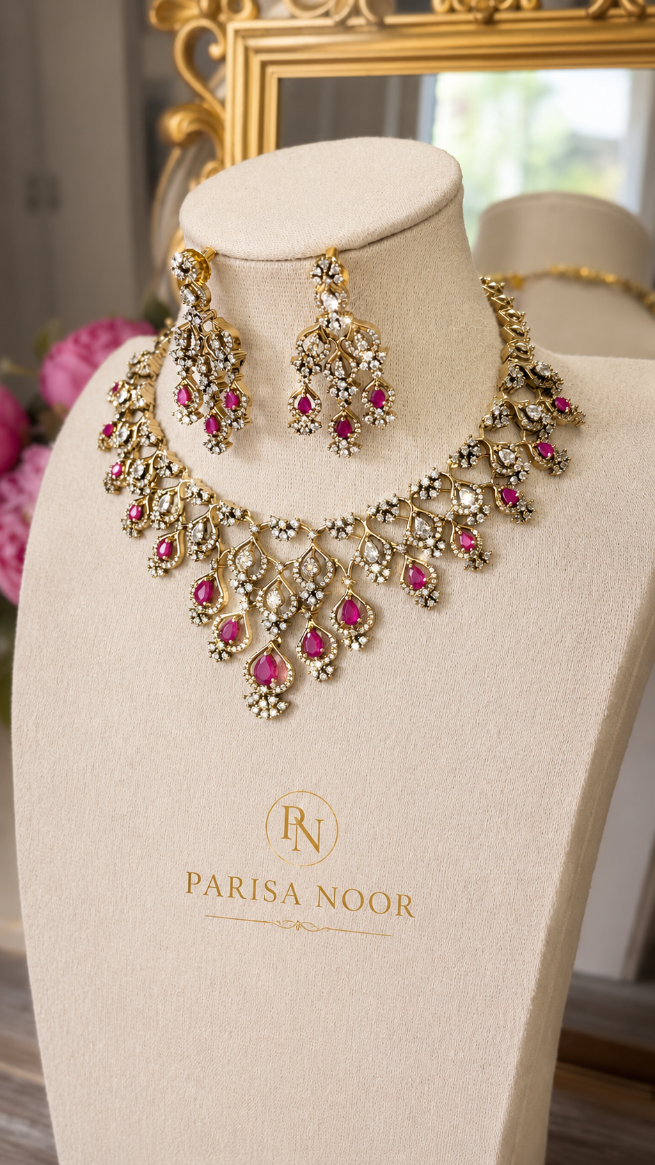 Rubaab Victorian Moissanite Necklace Set – Ruby Pink