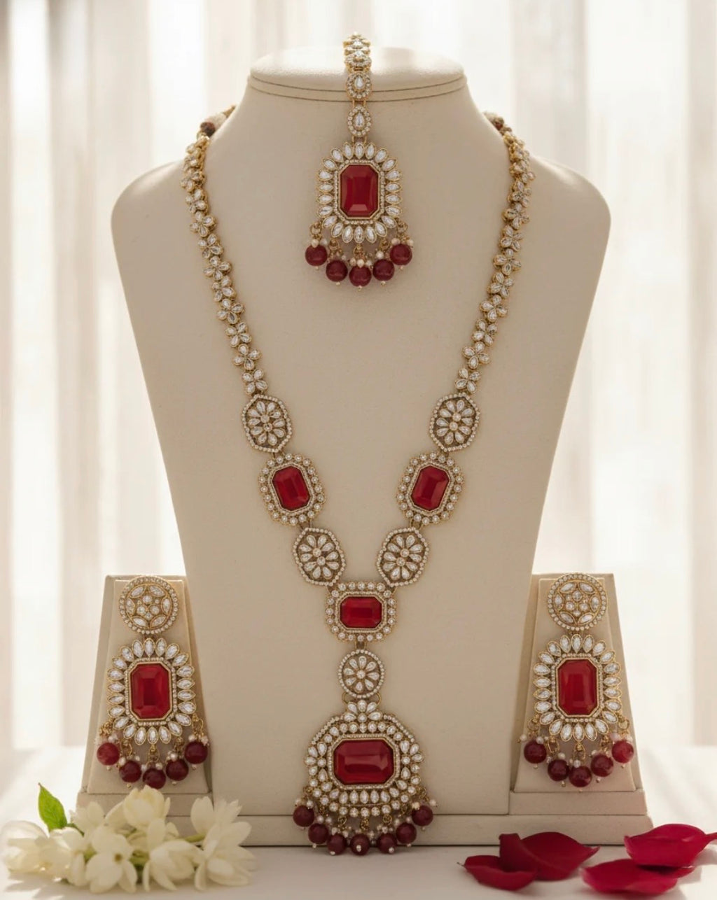Shalimar Red Premium Polki Long Necklace with Earring and Teeka