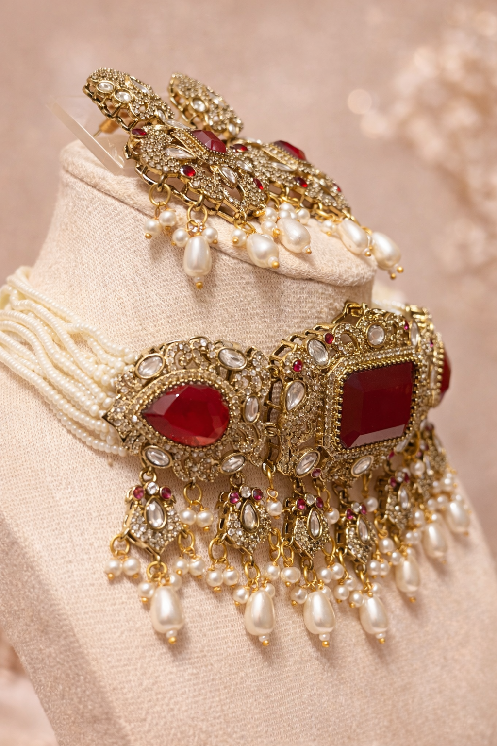 Hayat Victorian Choker Necklace set - Ruby Red