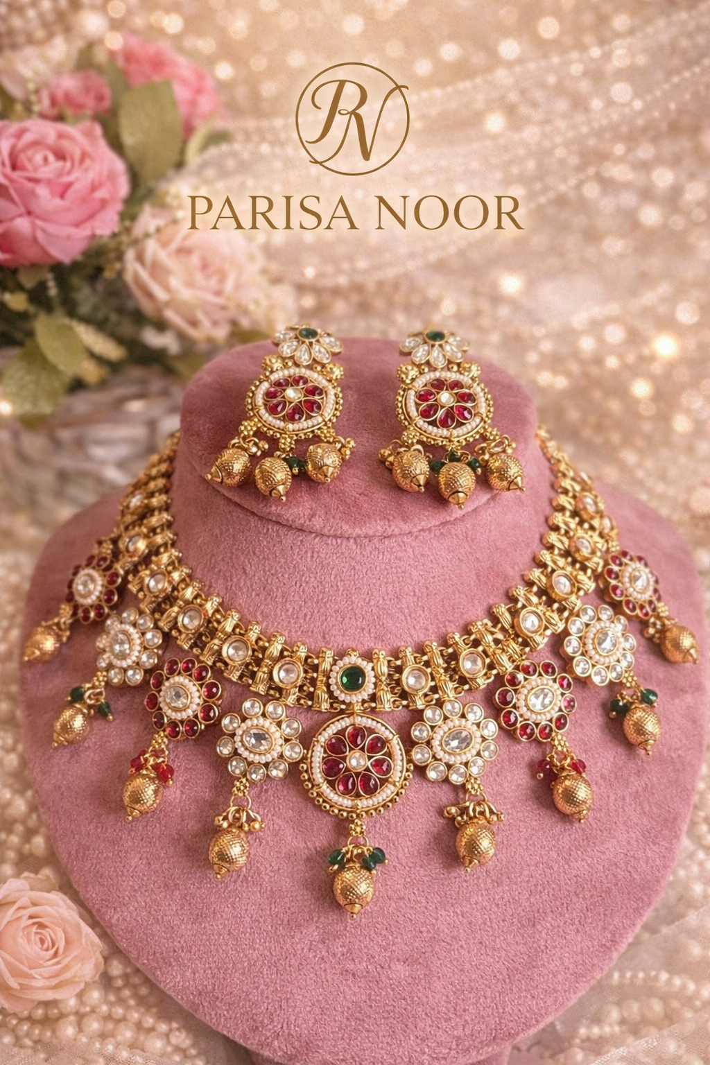 Riyasaat Ruby Green Heritage Necklace Set with Earring