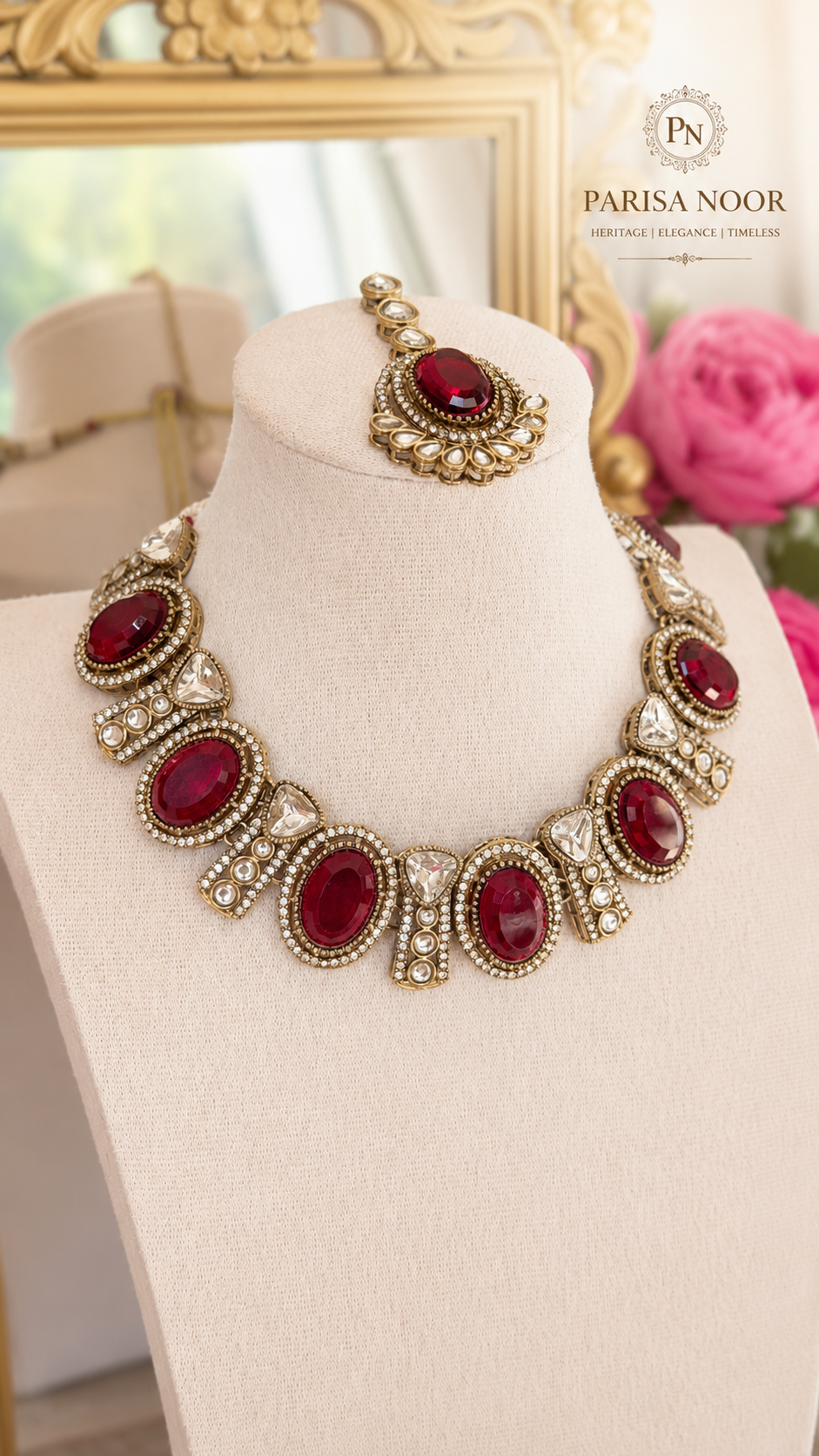Rumena Garnet Polki Kundan Necklace Set