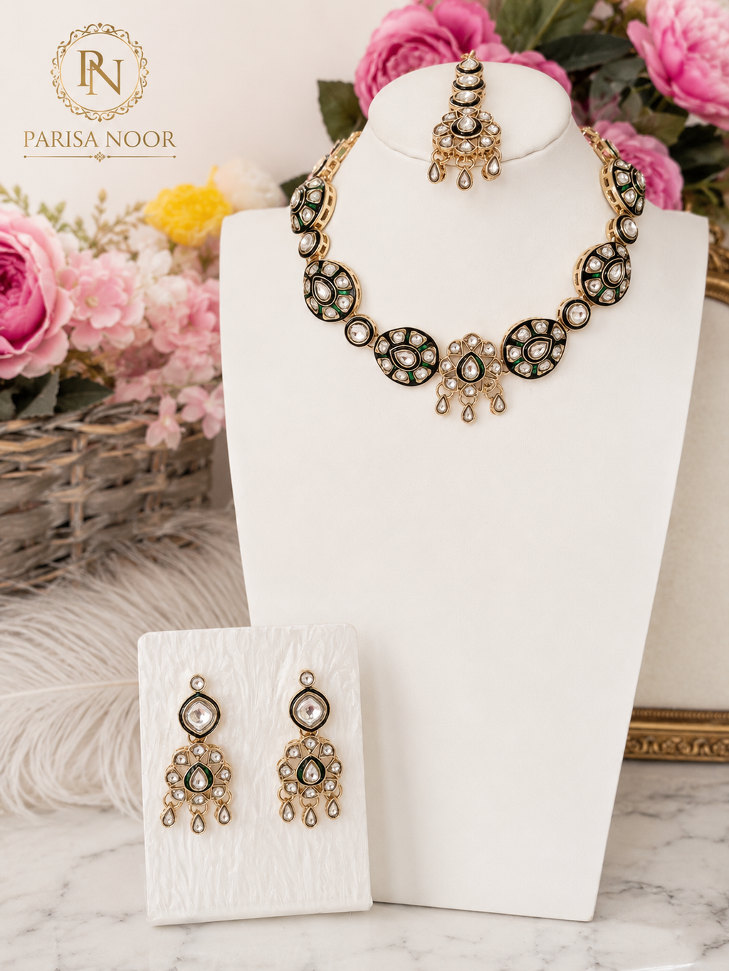 Meherza Kundan Meenakari Green Necklace Set
