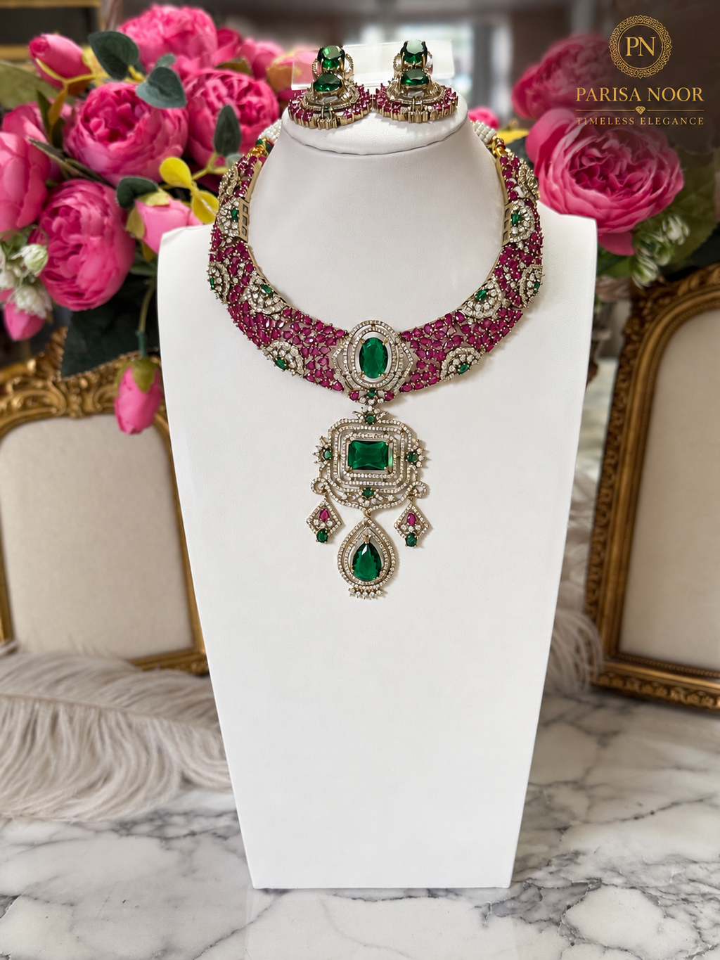 Fariha Premium Designer Victorian AD Moissanite Necklace Set
