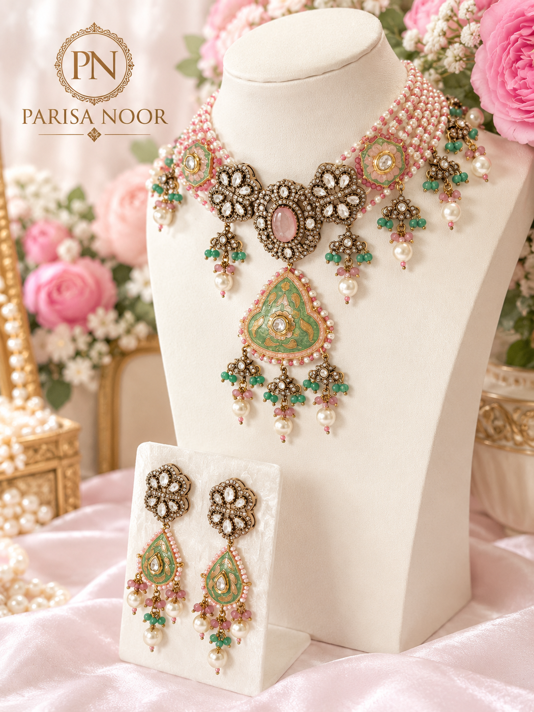 Mehrnaz Pastel Meenakari Luxury Pearl Kundan Necklace Set