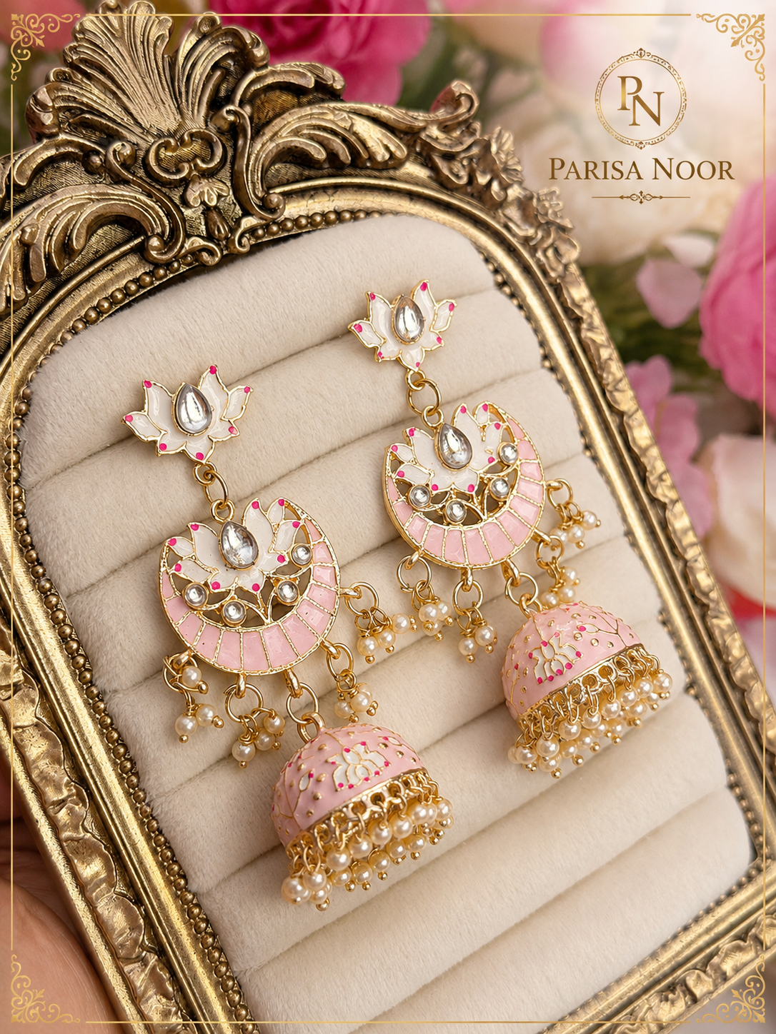 Meherza Baby Pink Meenakari Jhumki Earrings