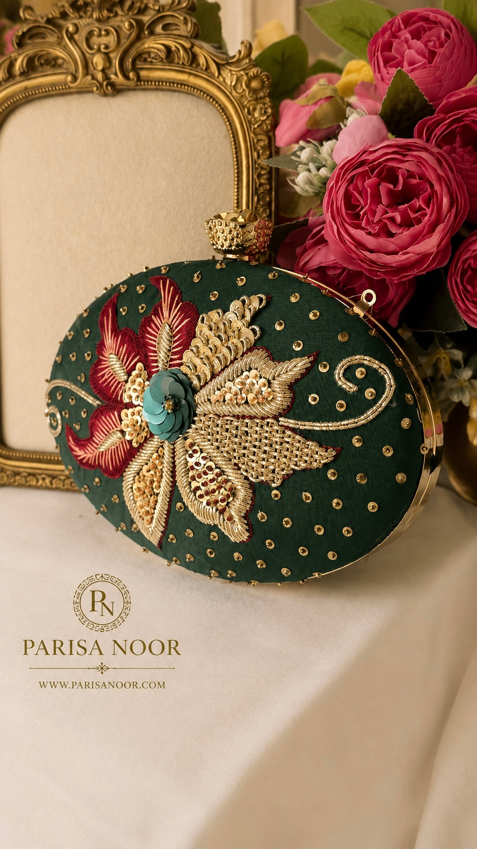 Elena Green Oval Embroidered Clutch
