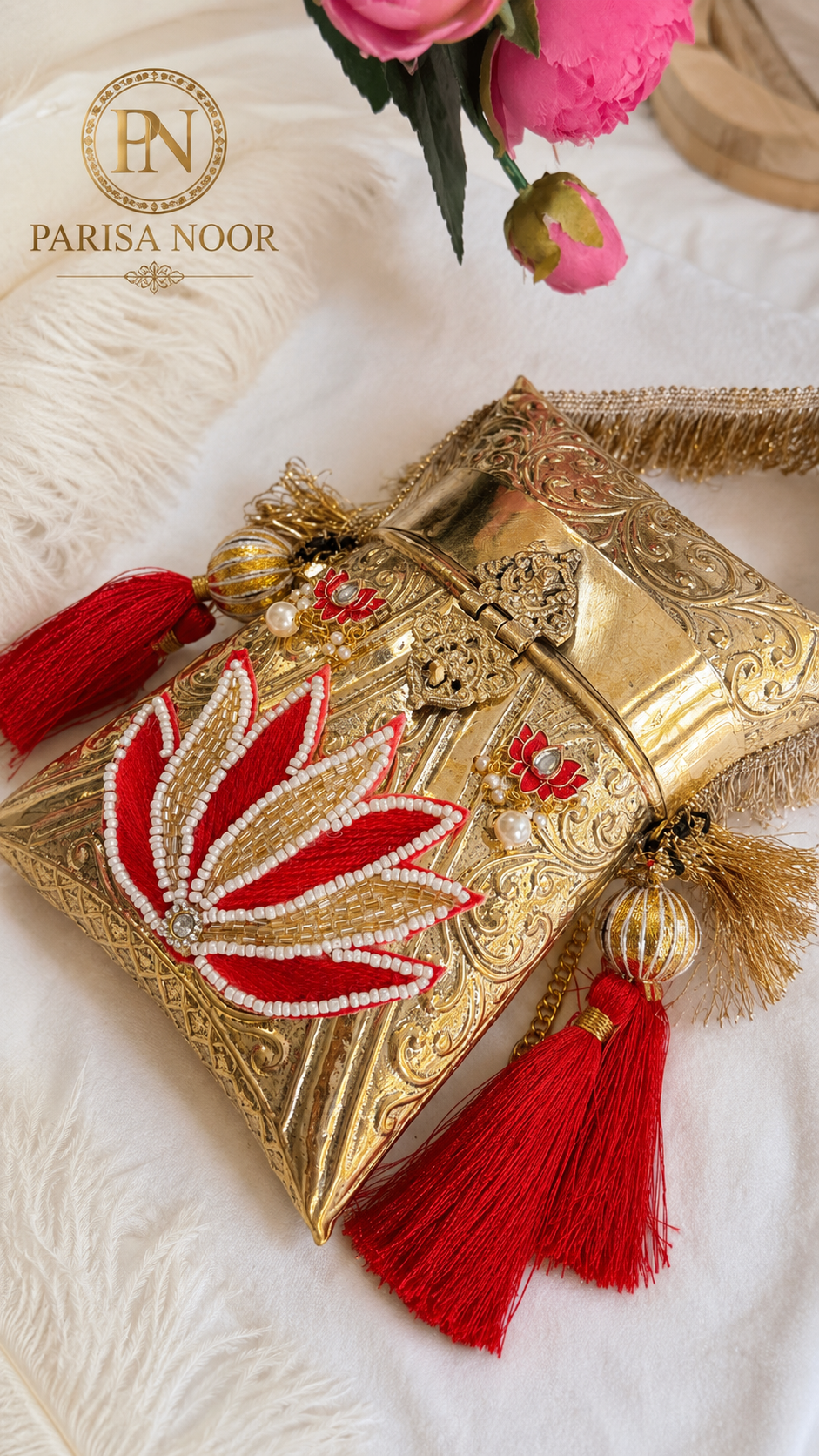 Shefali Red Lotus Brass Clutch Handbag