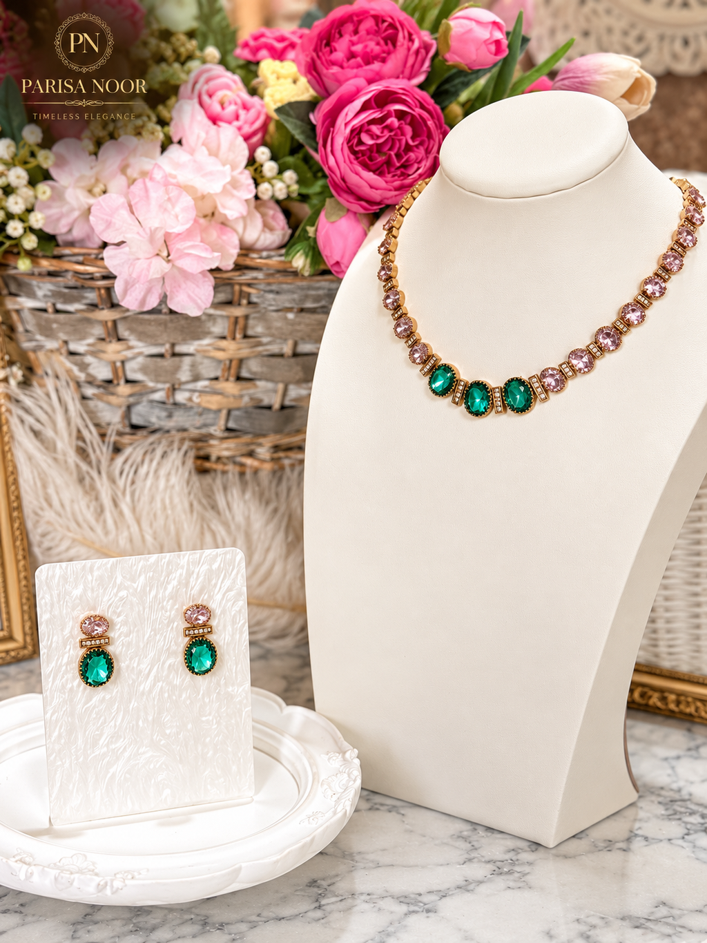Liora Pink & Emerald Victorian AD Necklace Set