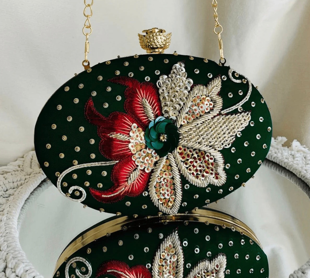 Elena Green Oval Embroidered Clutch
