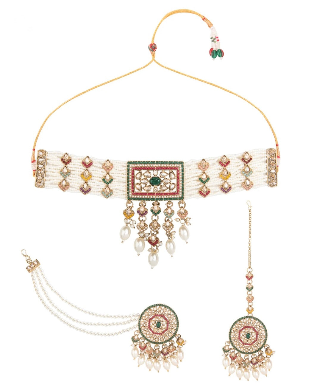 Lamia Multi Heritage Pearl Choker Necklace Set With Earring & Teeka