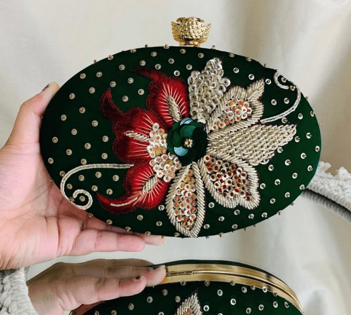 Elena Green Oval Embroidered Clutch