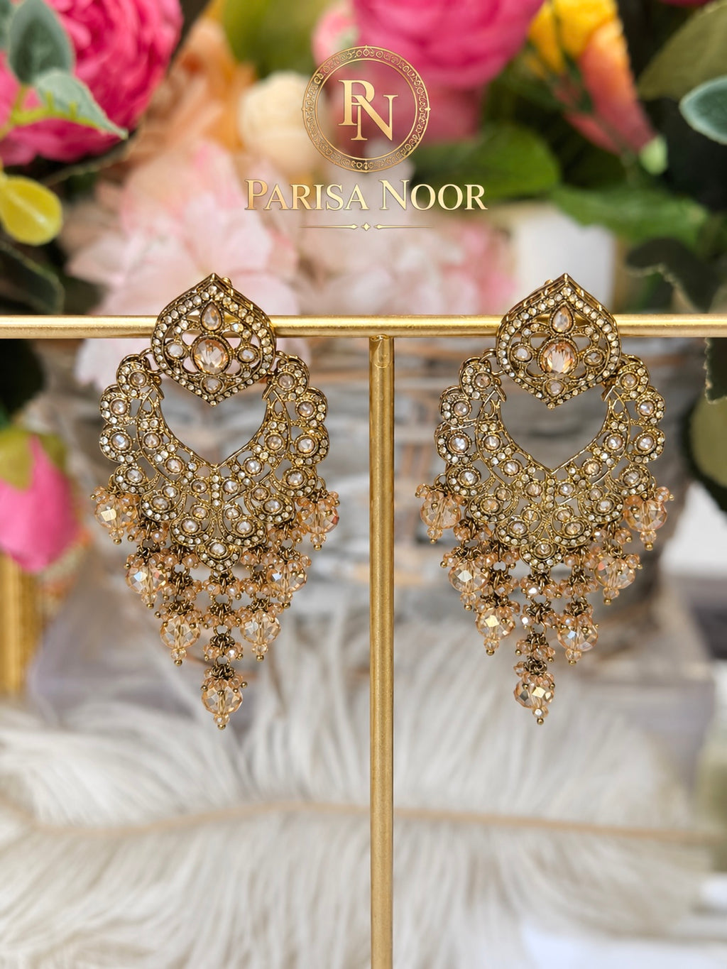 Raba Champagne Crystal Gold Fan Earrings