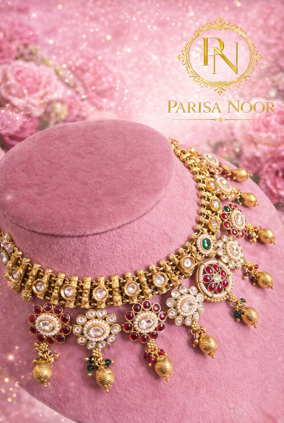 Riyasaat Ruby Green Heritage Necklace Set with Earring