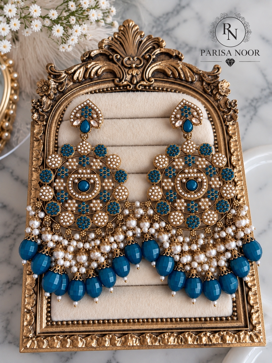 Zafira Turkish Blue Kundan Pearl Statement Earrings