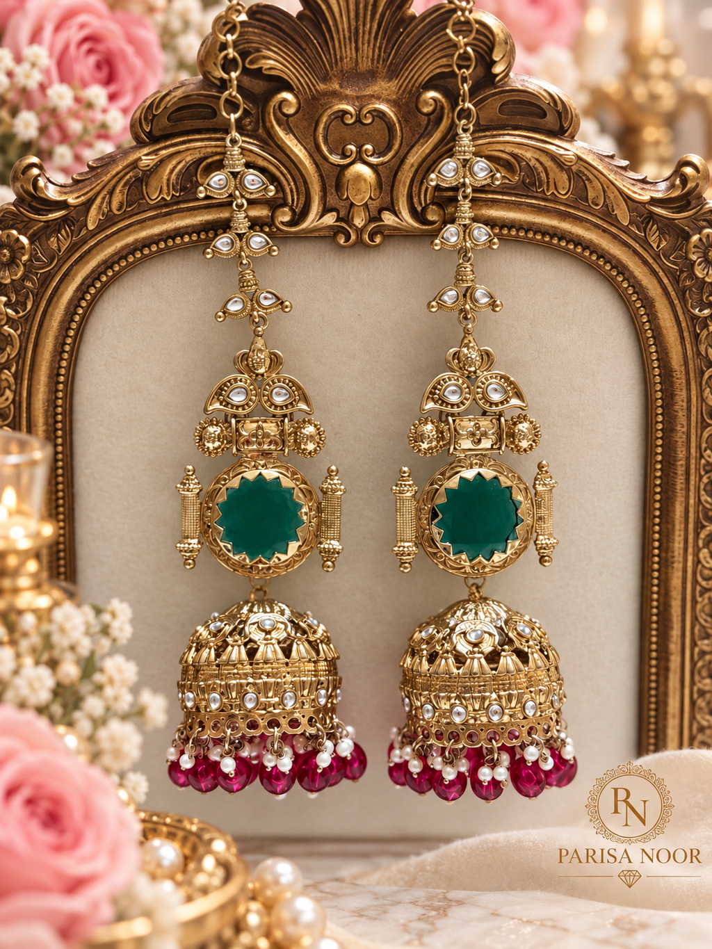 Pravisha Emerald & Ruby Premium Jhumka Earrings with Kaan Chain