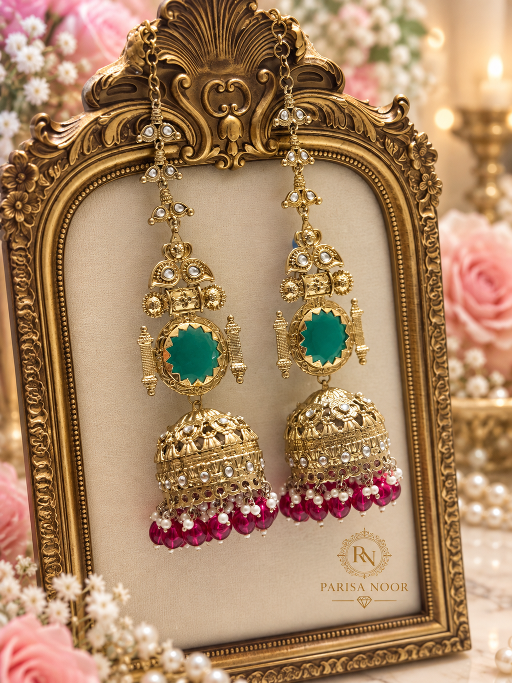 Pravisha Emerald & Ruby Premium Jhumka Earrings with Kaan Chain