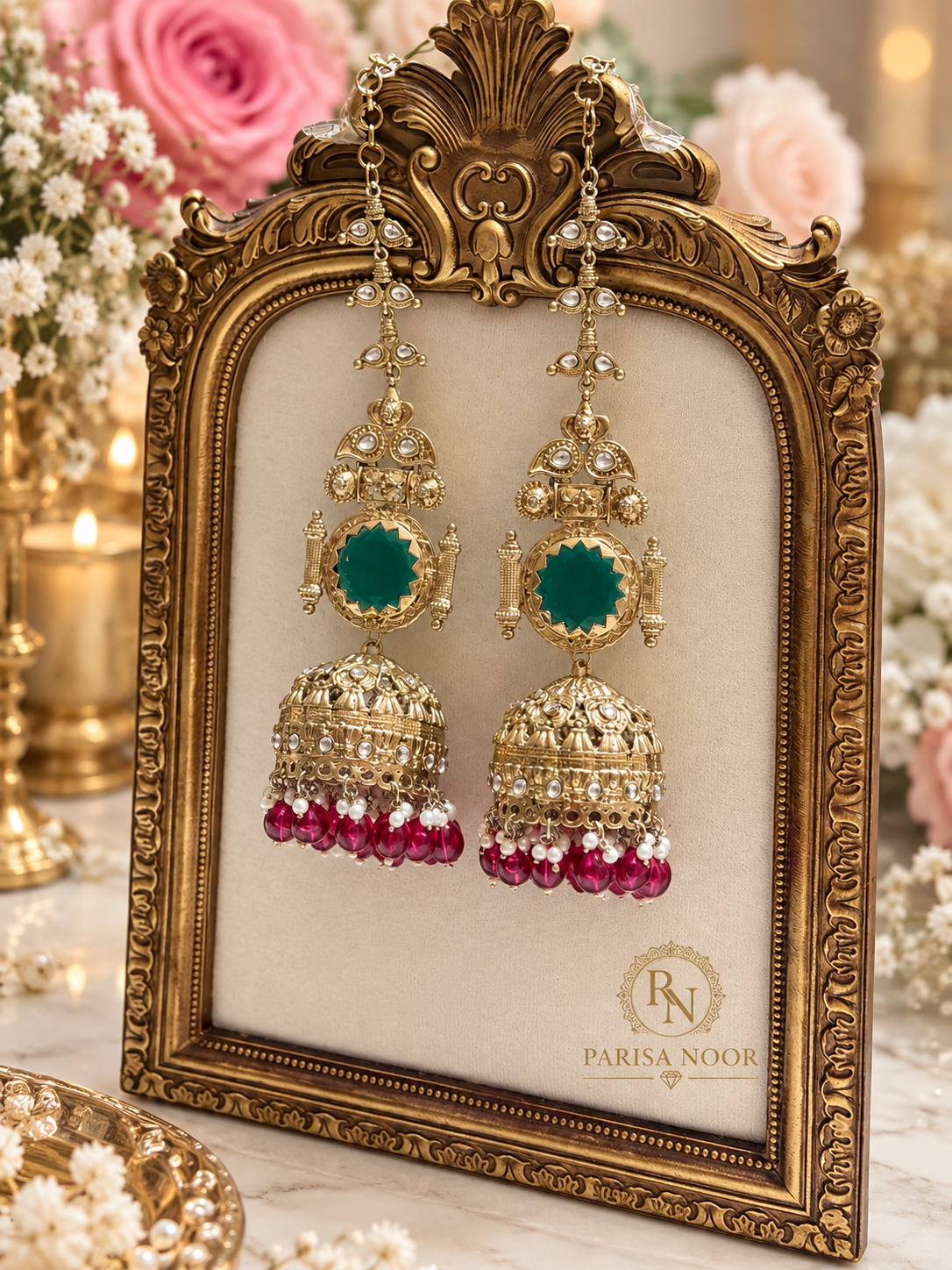 Pravisha Emerald & Ruby Premium Jhumka Earrings with Kaan Chain