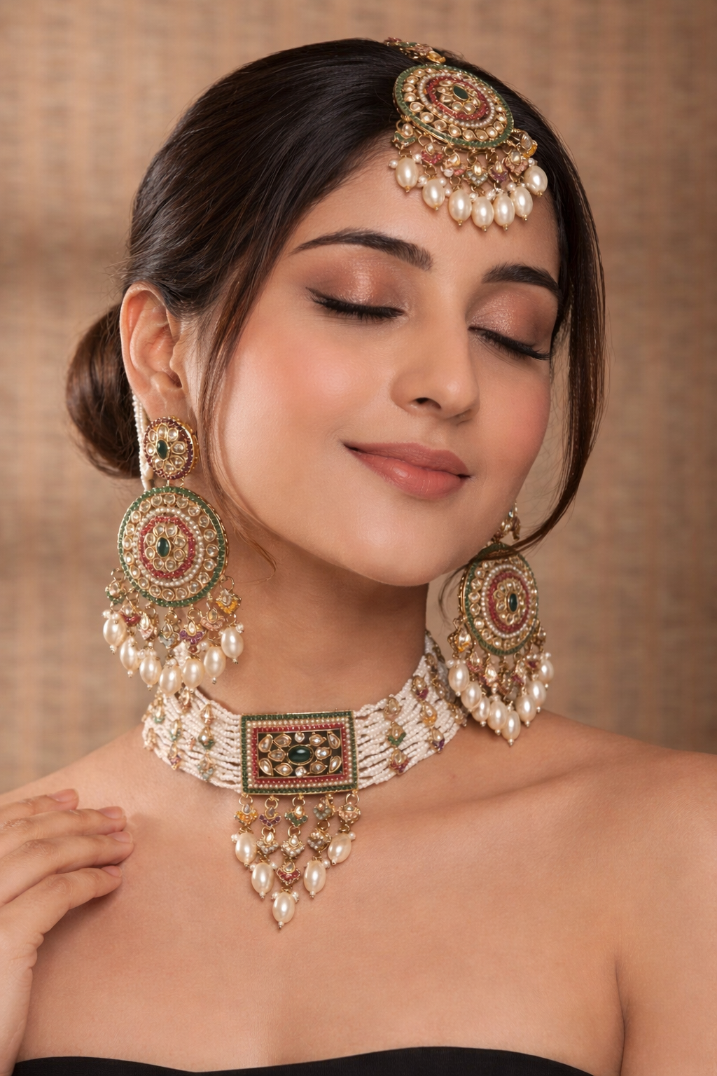 Lamia Multi Heritage Pearl Choker Necklace Set With Earring & Teeka