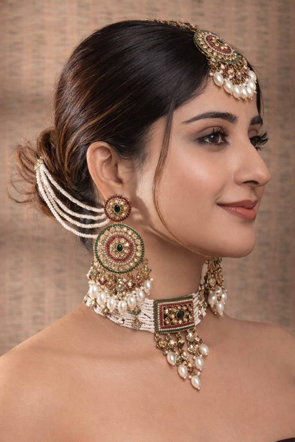 Lamia Multi Heritage Pearl Choker Necklace Set With Earring & Teeka