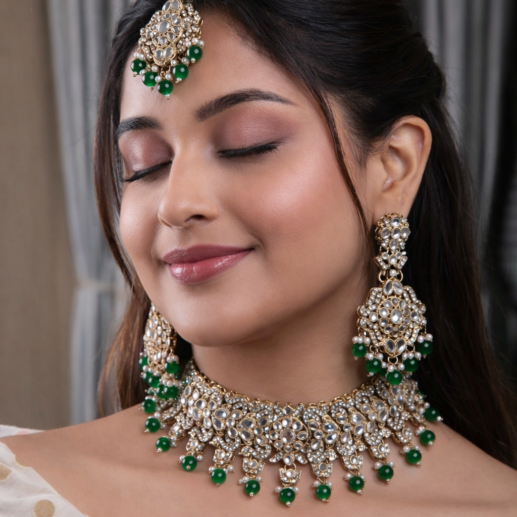 Sharvari Green Premium Necklace Set with Earring and Teeka