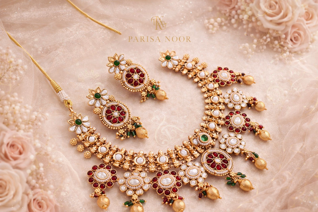 Riyasaat Ruby Green Heritage Necklace Set with Earring