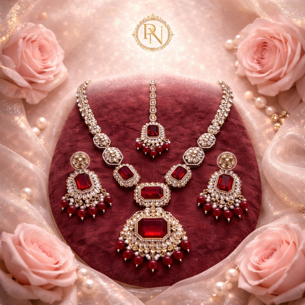 Shalimar Red Premium Polki Long Necklace with Earring and Teeka