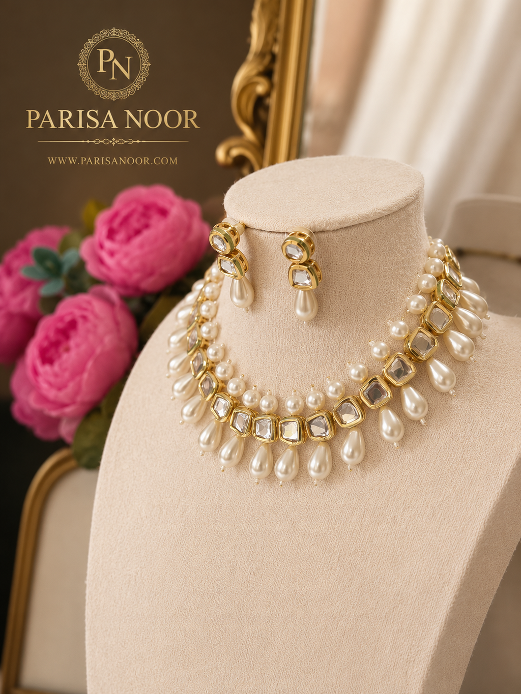 Luxury Pearl Polki Necklace Set – Clearance Sale