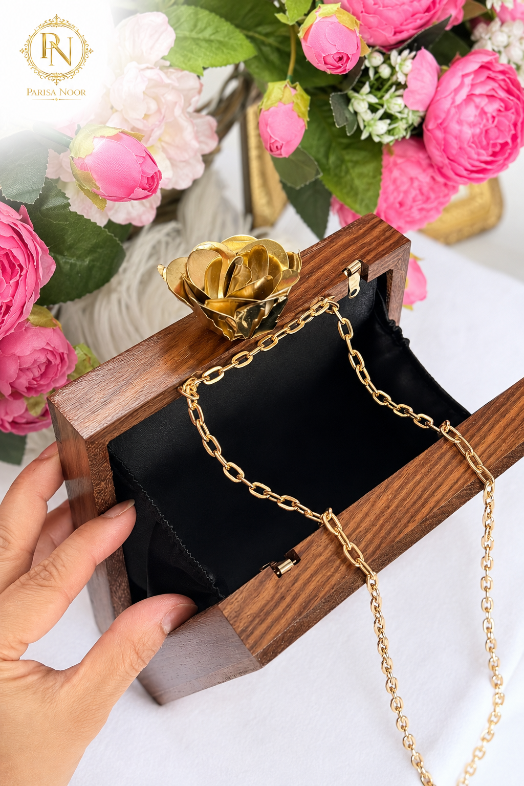 Virelle Embroidered Wooden Box Clutch