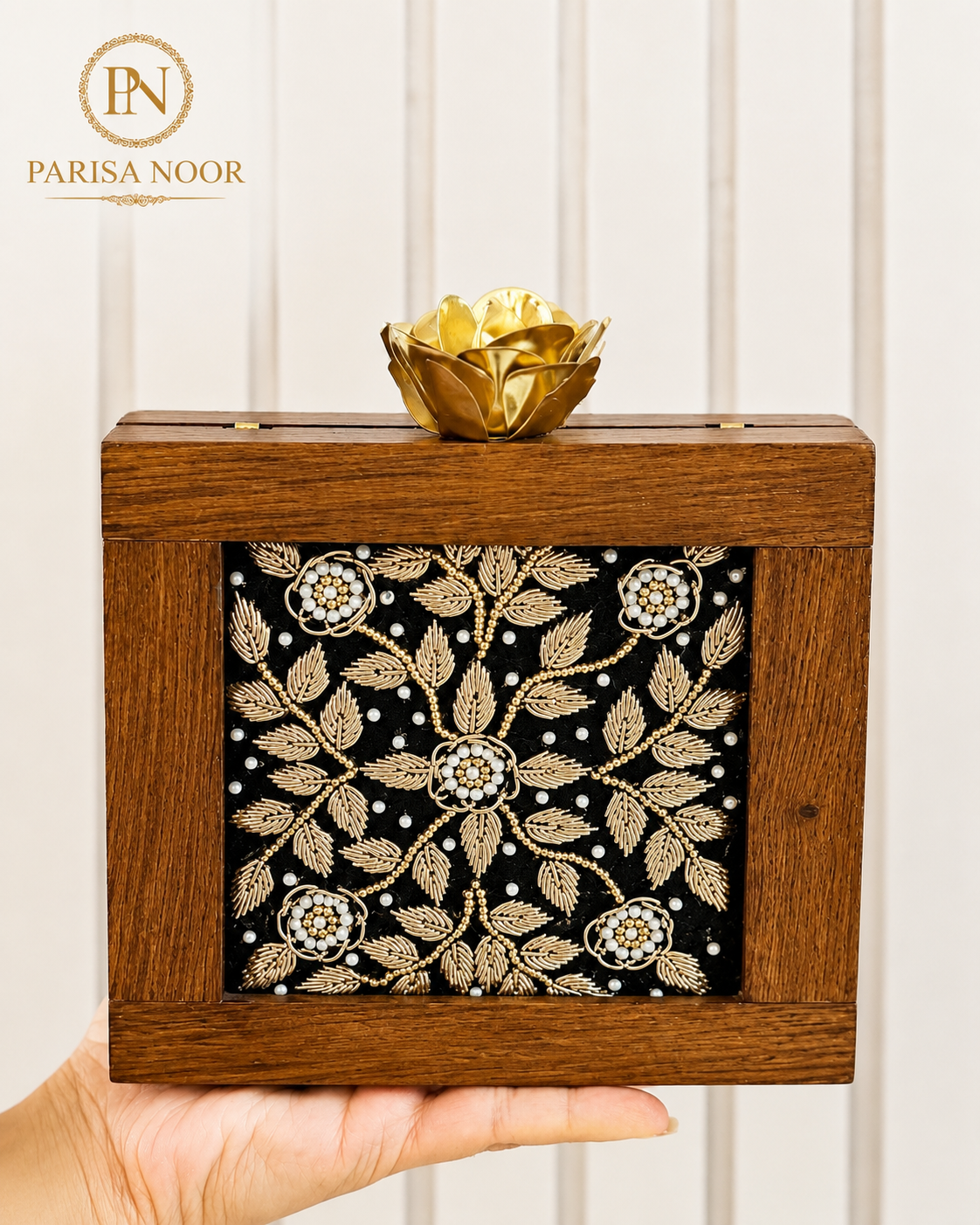 Virelle Embroidered Wooden Box Clutch