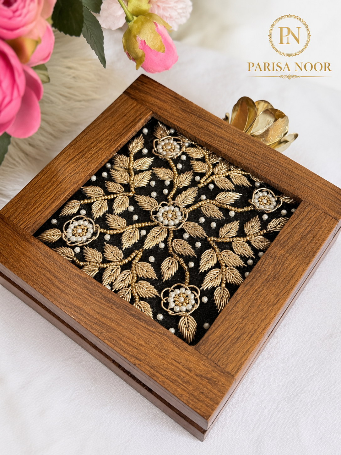 Virelle Embroidered Wooden Box Clutch