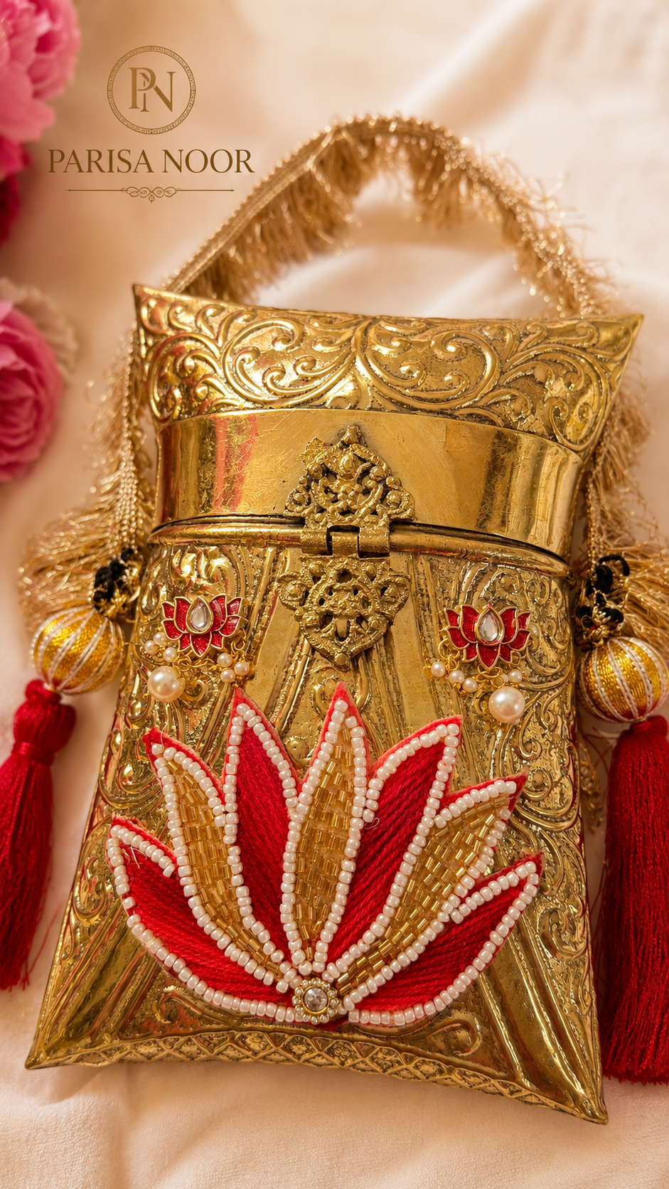 Shefali Red Lotus Brass Clutch Handbag
