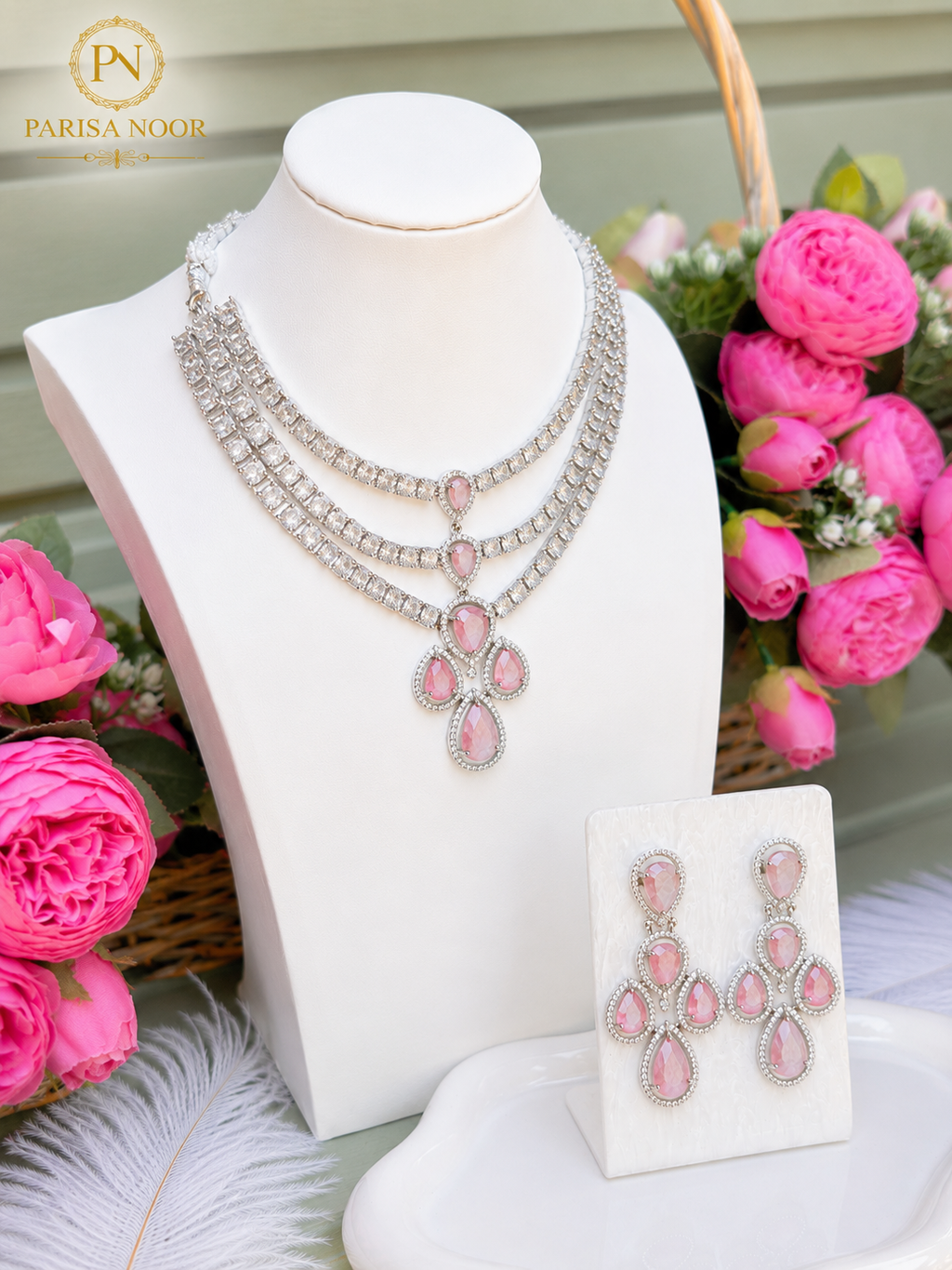 Diya Blush Pink Layered AD Necklace Set