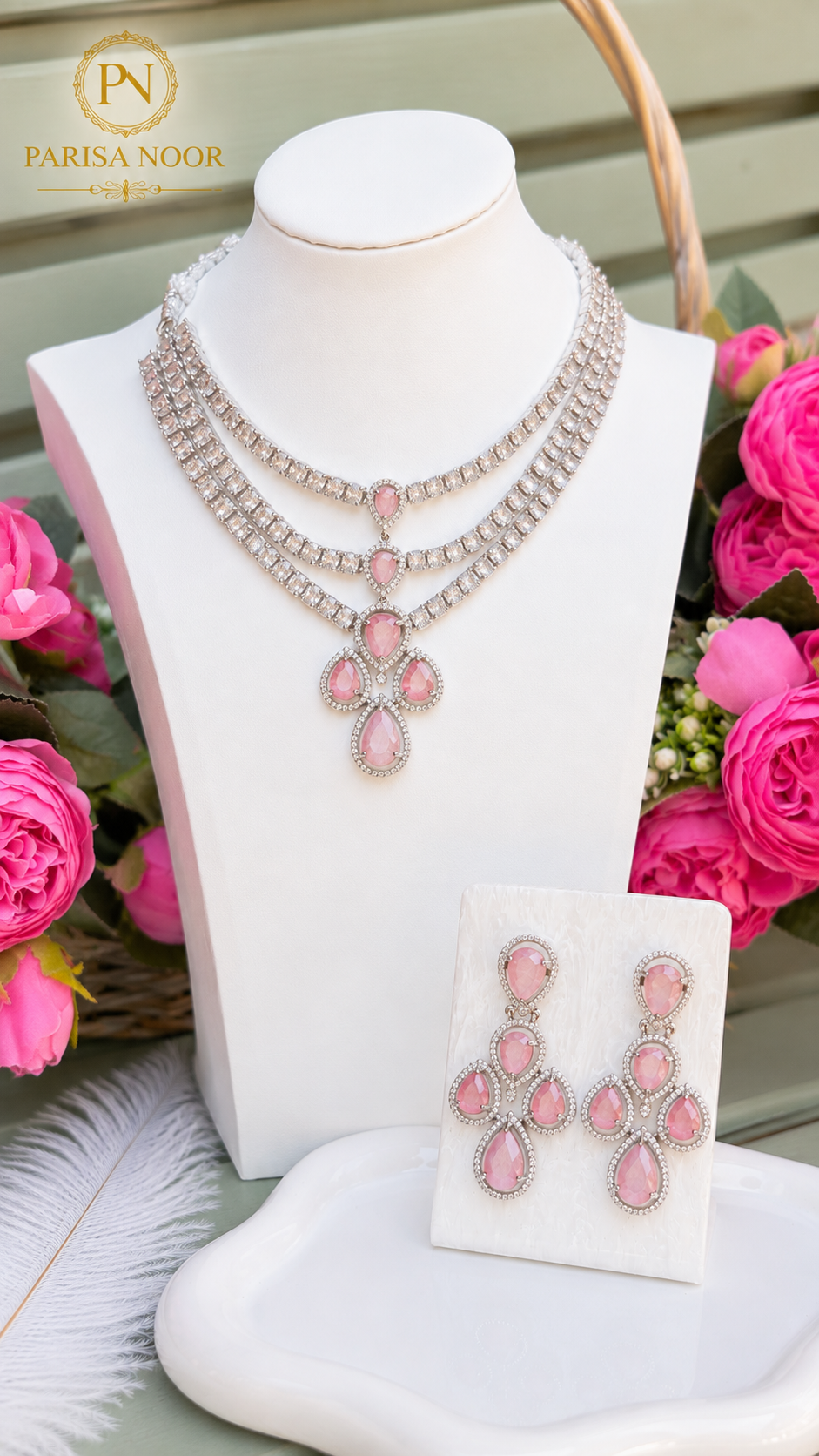 Diya Blush Pink Layered AD Necklace Set
