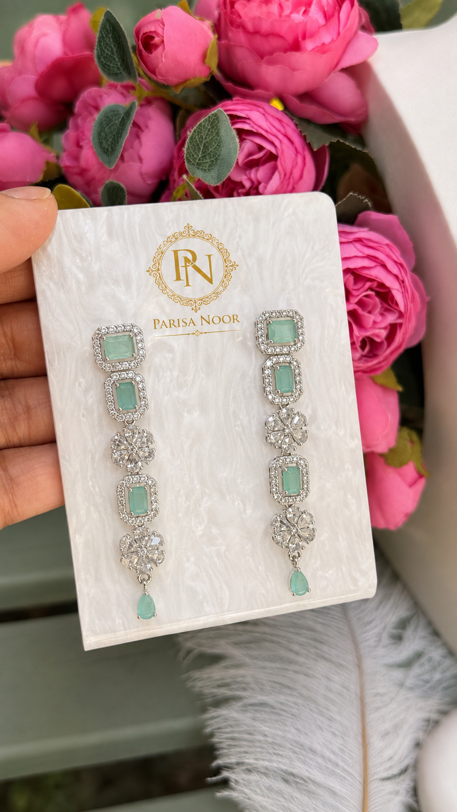 Nayeli Mint Blue Double Layer AD Necklace Set