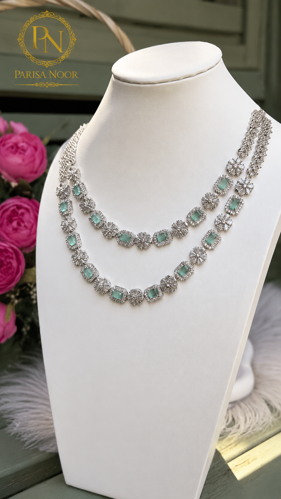 Nayeli Mint Blue Double Layer AD Necklace Set