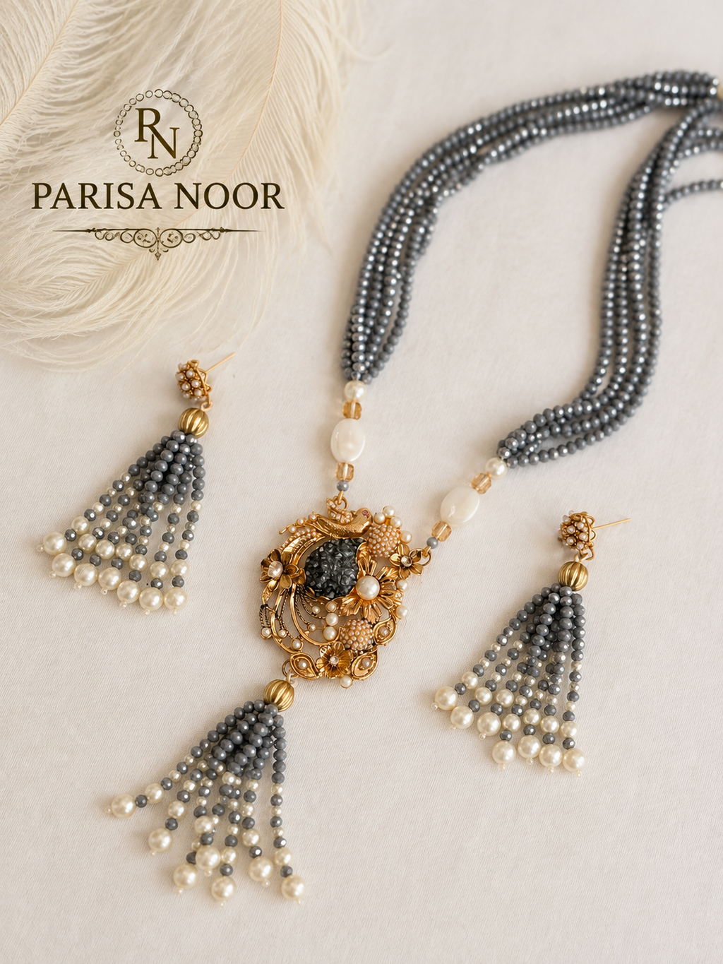 Lalezar Grey & Gold Turkish Tassel Necklace Set