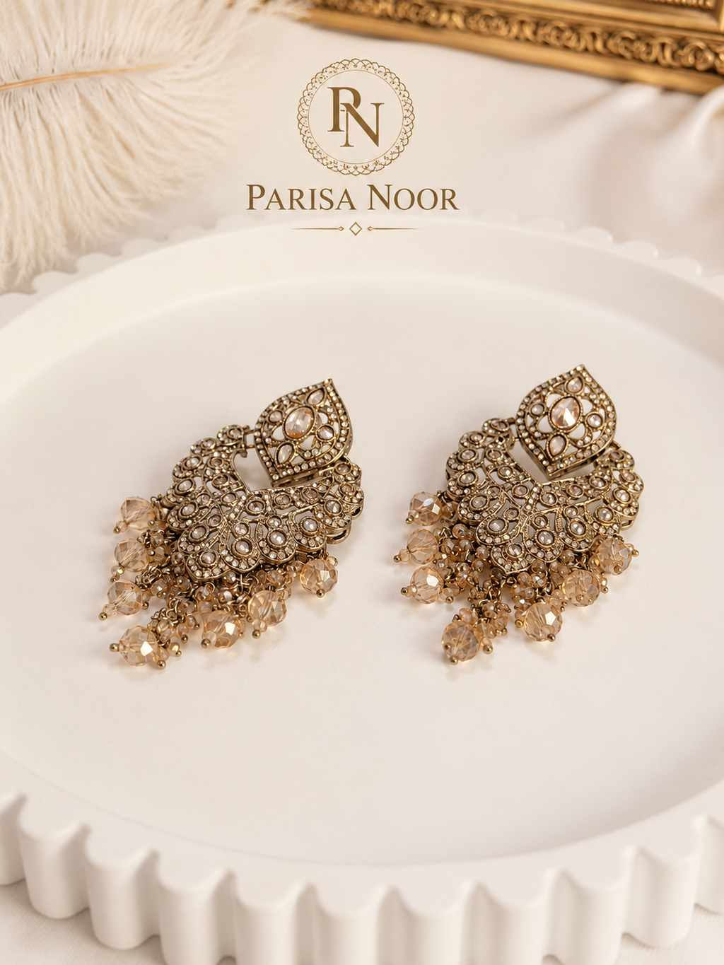 Raba Champagne Crystal Gold Fan Earrings