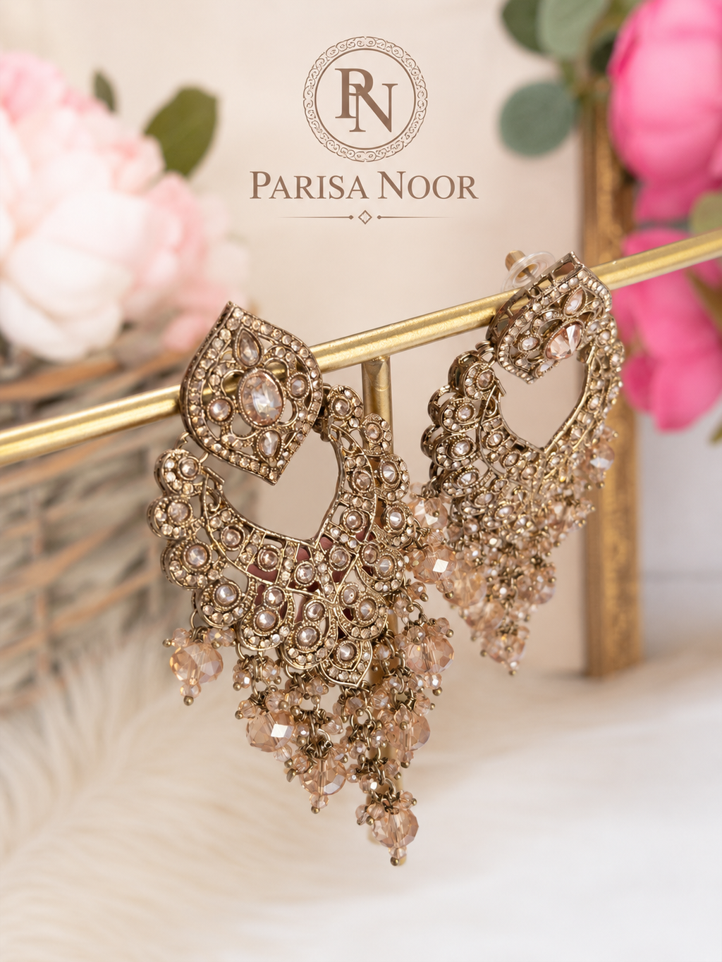 Raba Champagne Crystal Gold Fan Earrings