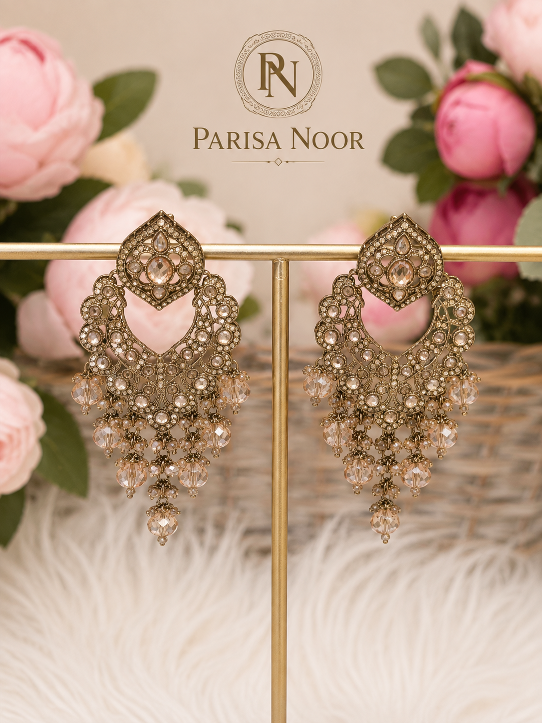 Raba Champagne Crystal Gold Fan Earrings