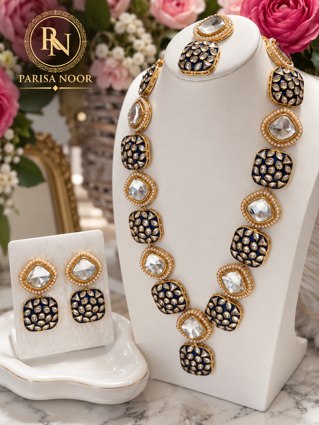 Ruhsana Royal Blue Meenakari Kundan Long Necklace Set