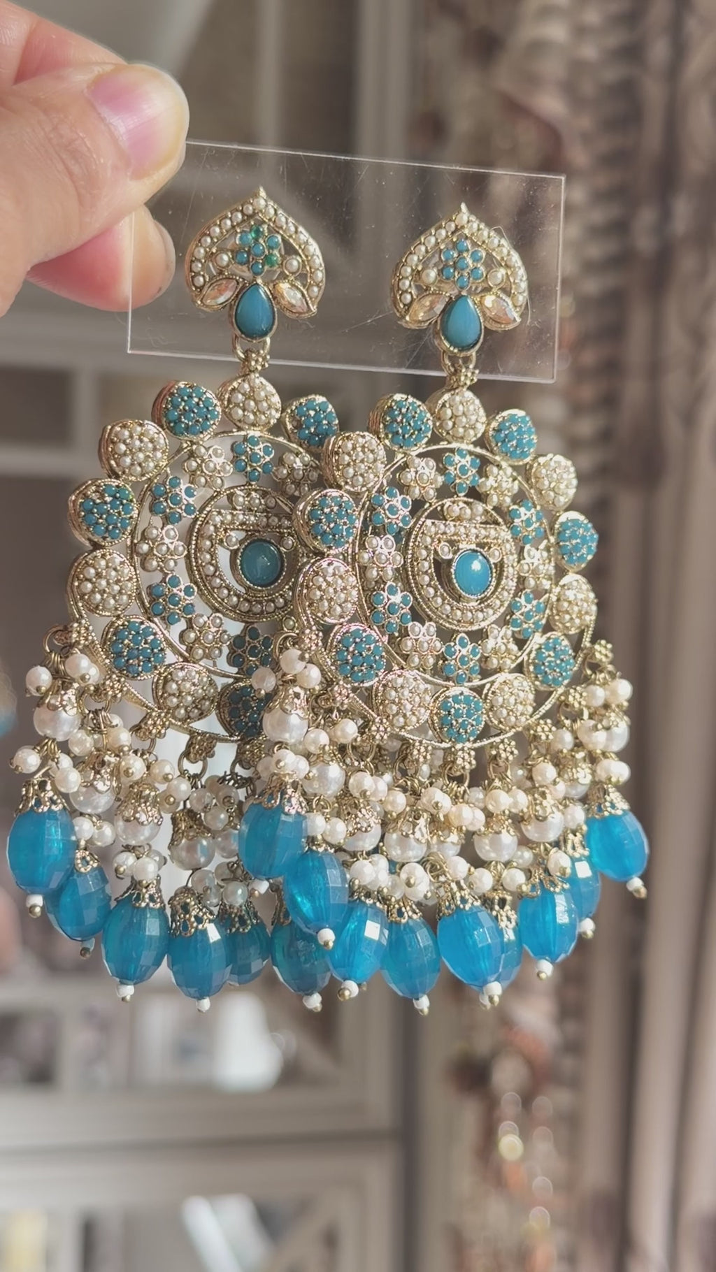 Zafira Turkish Blue Kundan Pearl Statement Earrings