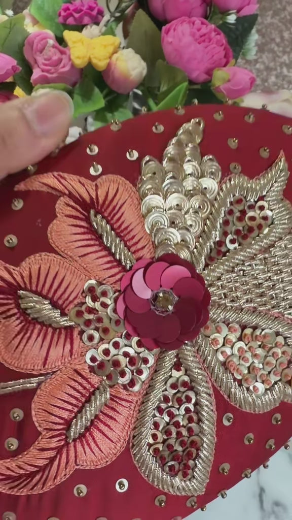 Elena Red Oval Embroidered Clutch