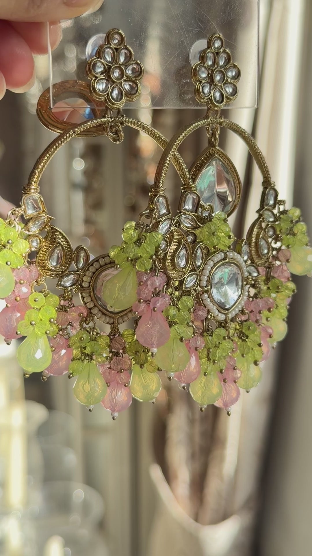 Zelina Mint & Pink Kundan Beaded Chandbali Earrings