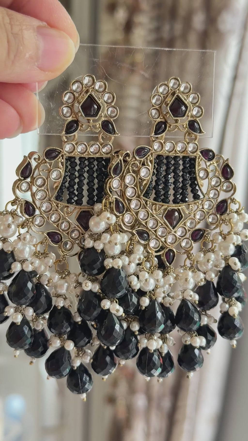 Kavira Black Kundan Pearl Chandbali Earrings