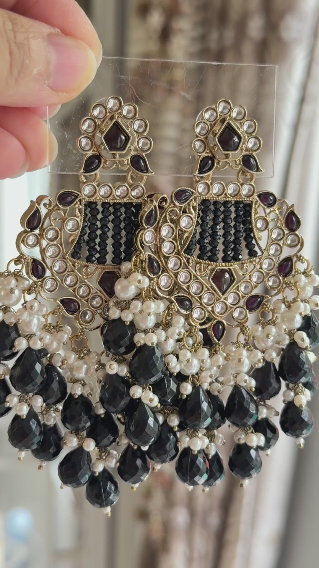 Kavira Black Kundan Pearl Chandbali Earrings