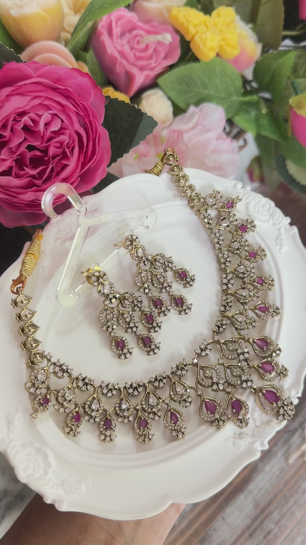 Rubaab Victorian Moissanite Necklace Set – Ruby Pink