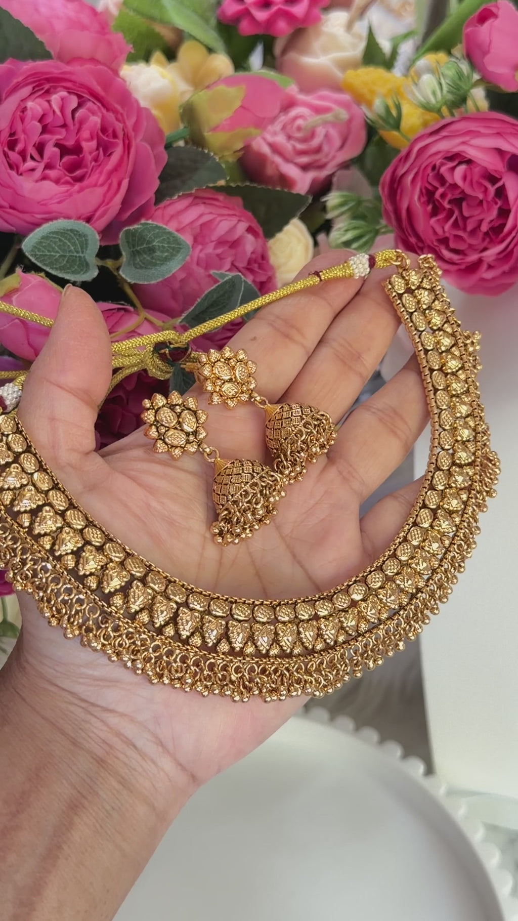 Vamika Antique Gold Jhumki Necklace Set