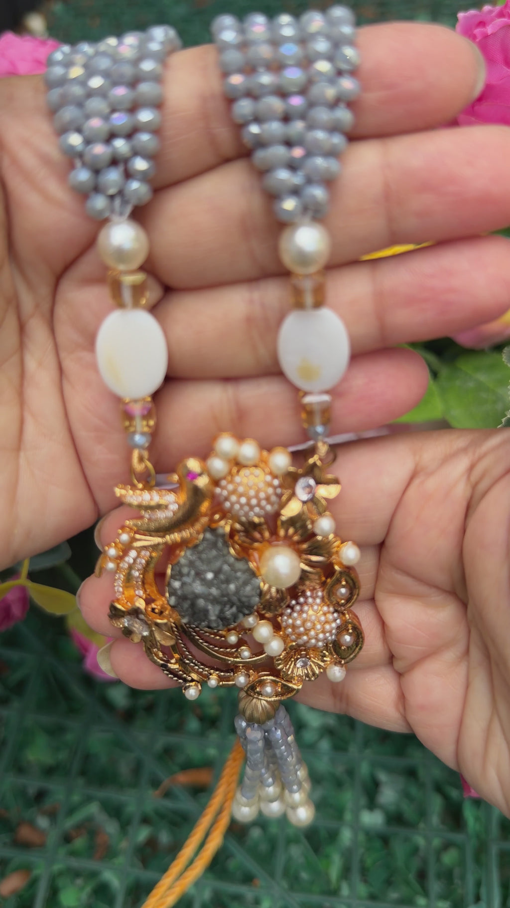 Lalezar Grey & Gold Turkish Tassel Necklace Set